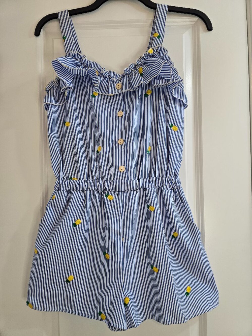 Hummingbird Blue Striped Romper With Embroidered Pineapple Print - Picture 1 of 7